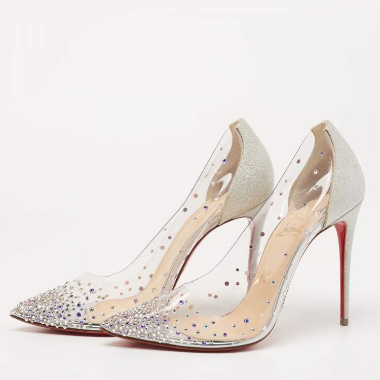 Pre Owned Christian Louboutin Silver Glitter and PVC Degrastrass Pumps Size 40