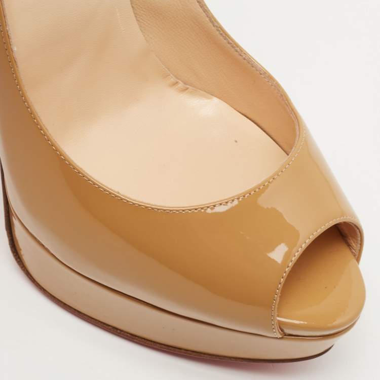 Pre Owned Christian Louboutin Beige Patent Leather Lady Peep Pumps Size 38.5