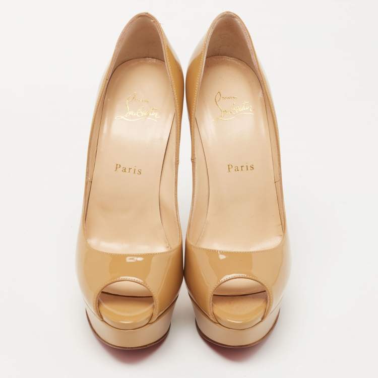 Pre Owned Christian Louboutin Beige Patent Leather Lady Peep Pumps Size 38.5