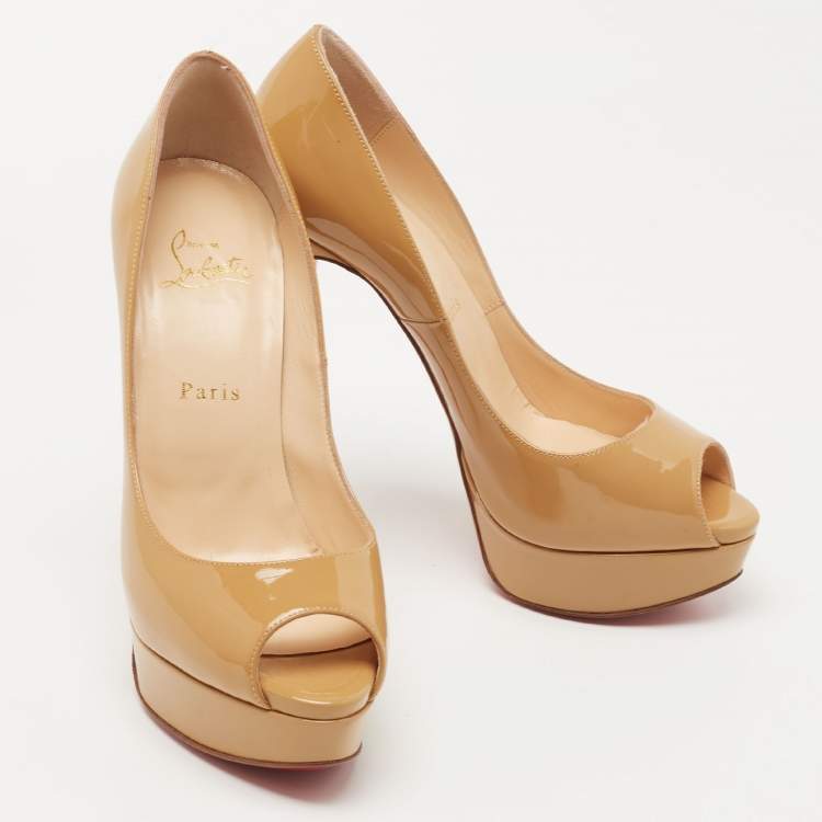 Pre Owned Christian Louboutin Beige Patent Leather Lady Peep Pumps Size 38.5