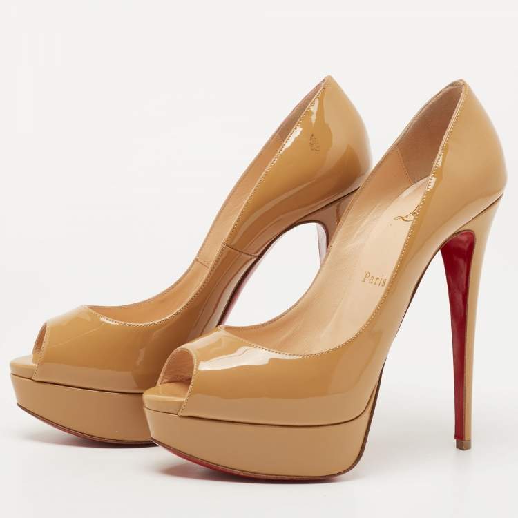 Pre Owned Christian Louboutin Beige Patent Leather Lady Peep Pumps Size 38.5