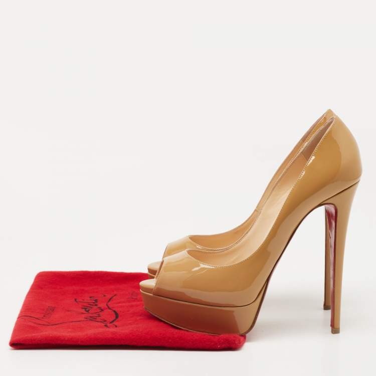 Pre Owned Christian Louboutin Beige Patent Leather Lady Peep Pumps Size 38.5