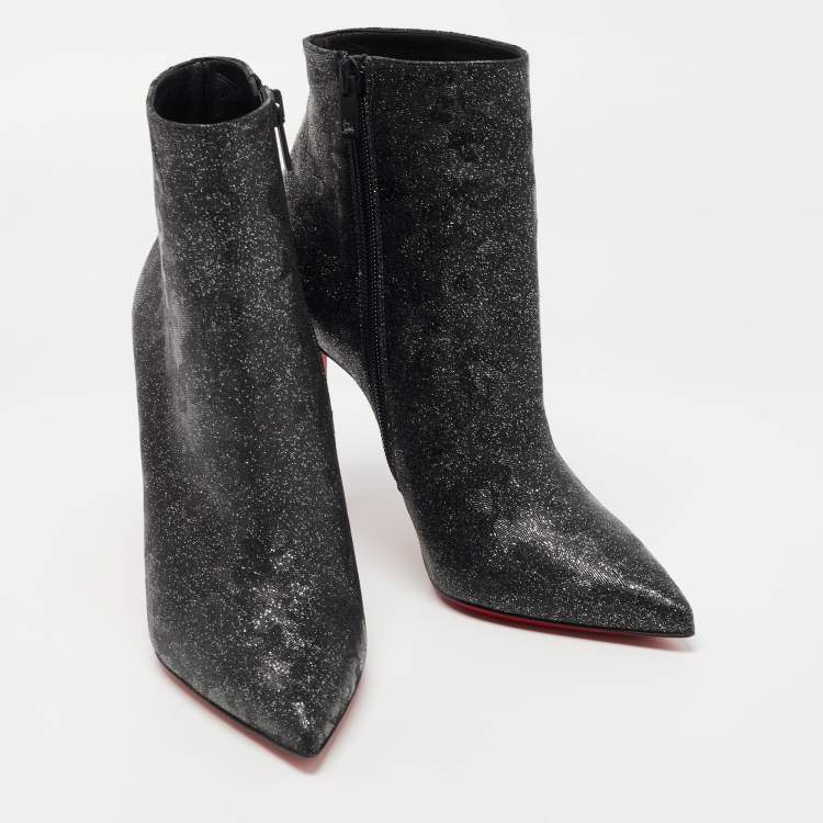 Pre Owned Christian Louboutin Black/Silver Leather and Glitter So Kate Ankle Boots Size 37
