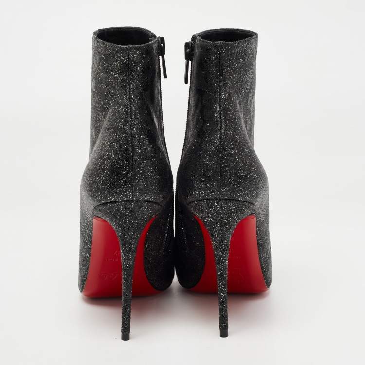 Pre Owned Christian Louboutin Black/Silver Leather and Glitter So Kate Ankle Boots Size 37
