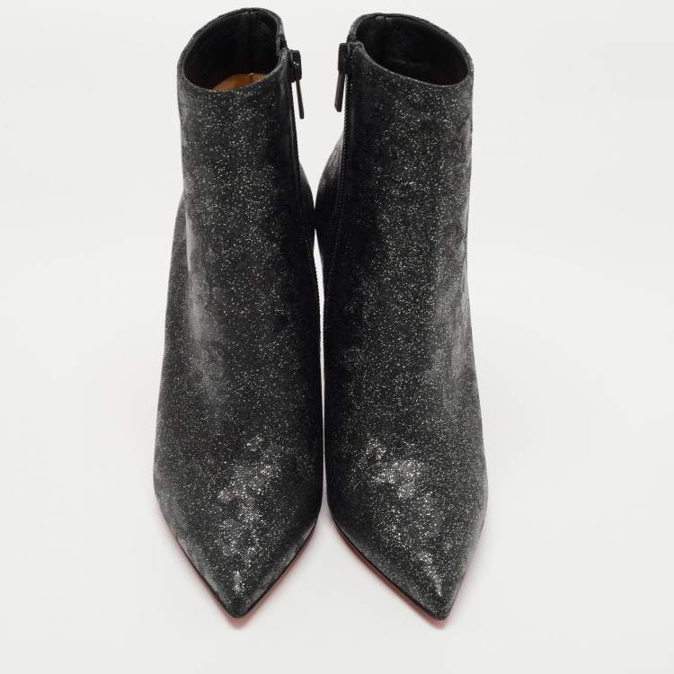 Pre Owned Christian Louboutin Black/Silver Leather and Glitter So Kate Ankle Boots Size 37