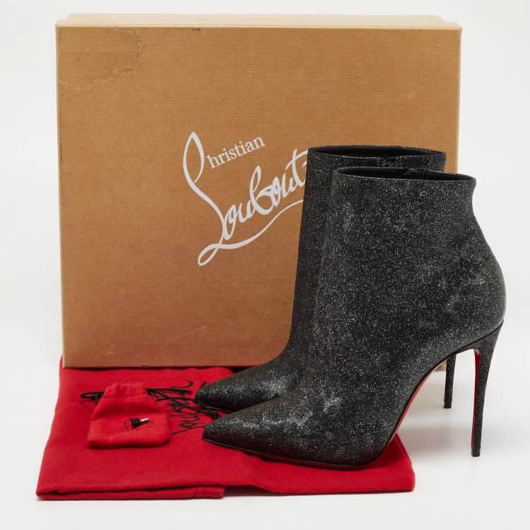 Pre Owned Christian Louboutin Black/Silver Leather and Glitter So Kate Ankle Boots Size 37