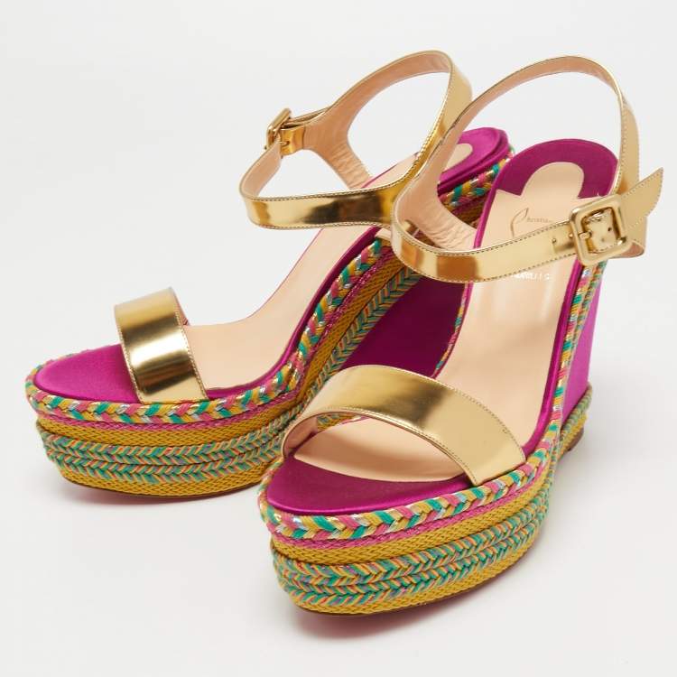 Christian Louboutin Multicolor Leather Espadrille Wedge Ankle Strap Sandals  Size 41