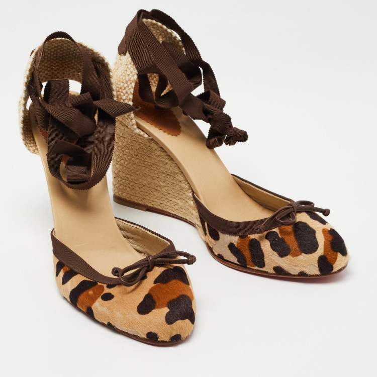 Pre Owned Christian Louboutin Two Tone Animal Print Calf Hair Espadrille Wedge Ankle Tie Pumps Size 41
