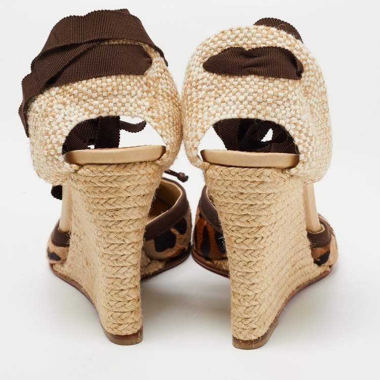 Pre Owned Christian Louboutin Two Tone Animal Print Calf Hair Espadrille Wedge Ankle Tie Pumps Size 41