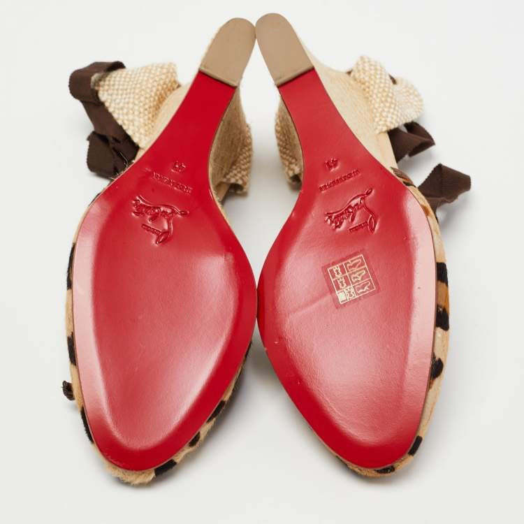 Pre Owned Christian Louboutin Two Tone Animal Print Calf Hair Espadrille Wedge Ankle Tie Pumps Size 41