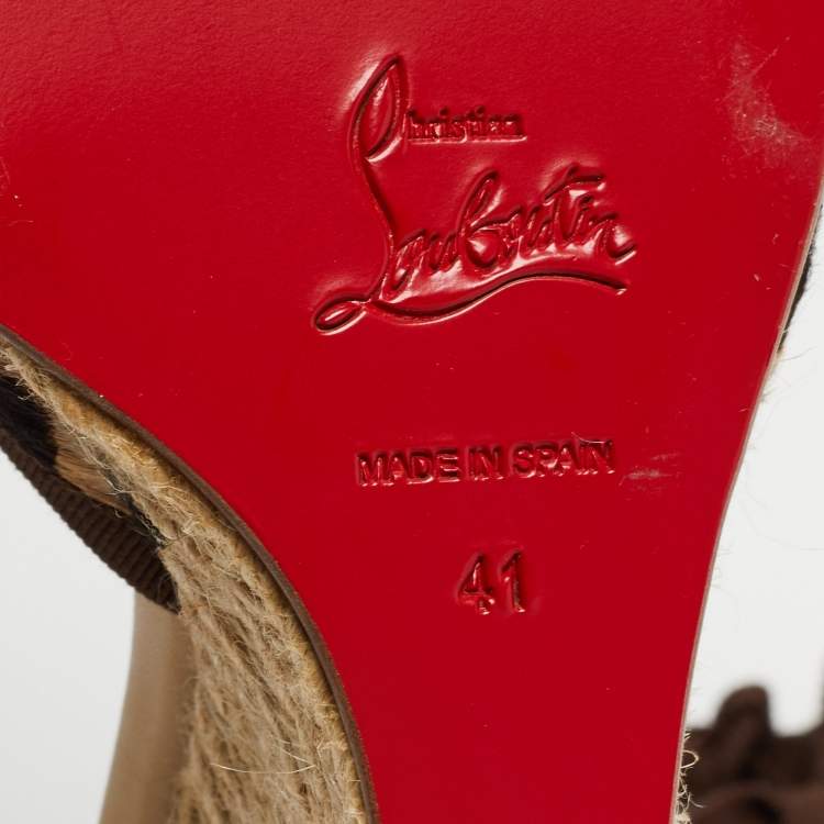 Pre Owned Christian Louboutin Two Tone Animal Print Calf Hair Espadrille Wedge Ankle Tie Pumps Size 41