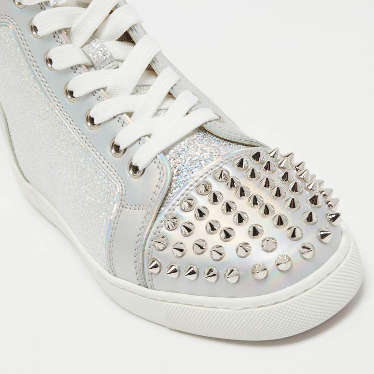 مملوكة مسبقًا Christian Louboutin Silver Leather Lou Spikes High Top Sneakers Size 37