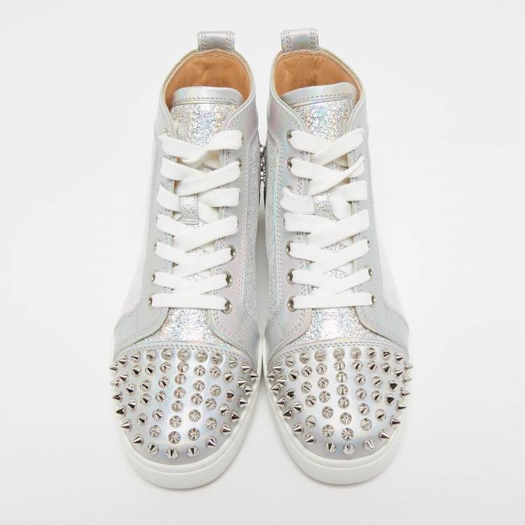 مملوكة مسبقًا Christian Louboutin Silver Leather Lou Spikes High Top Sneakers Size 37