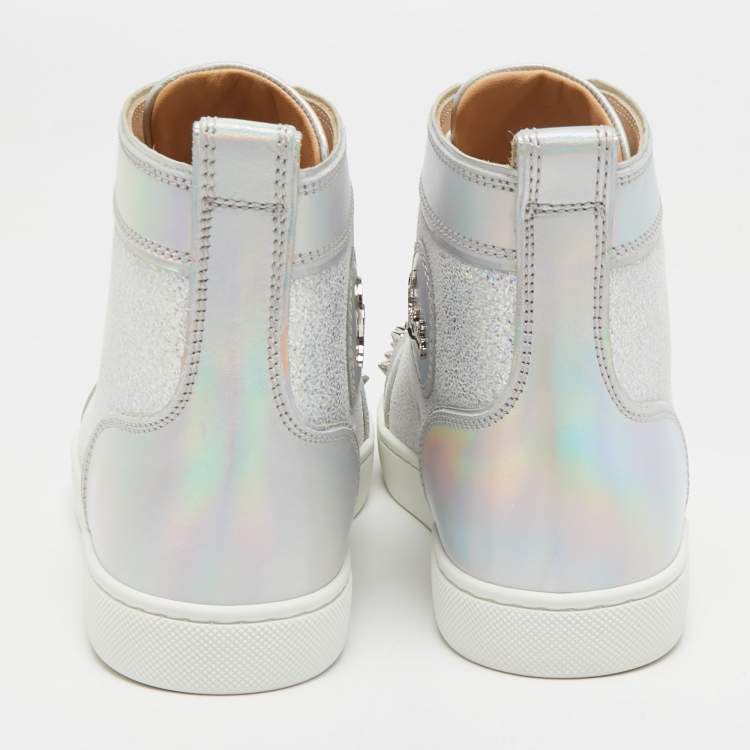 مملوكة مسبقًا Christian Louboutin Silver Leather Lou Spikes High Top Sneakers Size 37