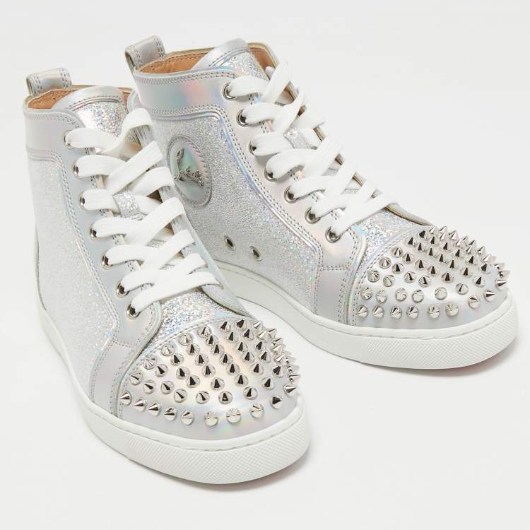 مملوكة مسبقًا Christian Louboutin Silver Leather Lou Spikes High Top Sneakers Size 37