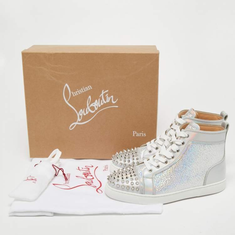 مملوكة مسبقًا Christian Louboutin Silver Leather Lou Spikes High Top Sneakers Size 37