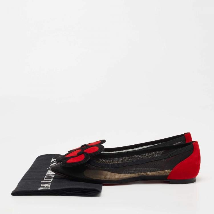 Pre Owned Christian Louboutin Black/Red Suede and Mesh Pansy Ballet Flats Size 38 
