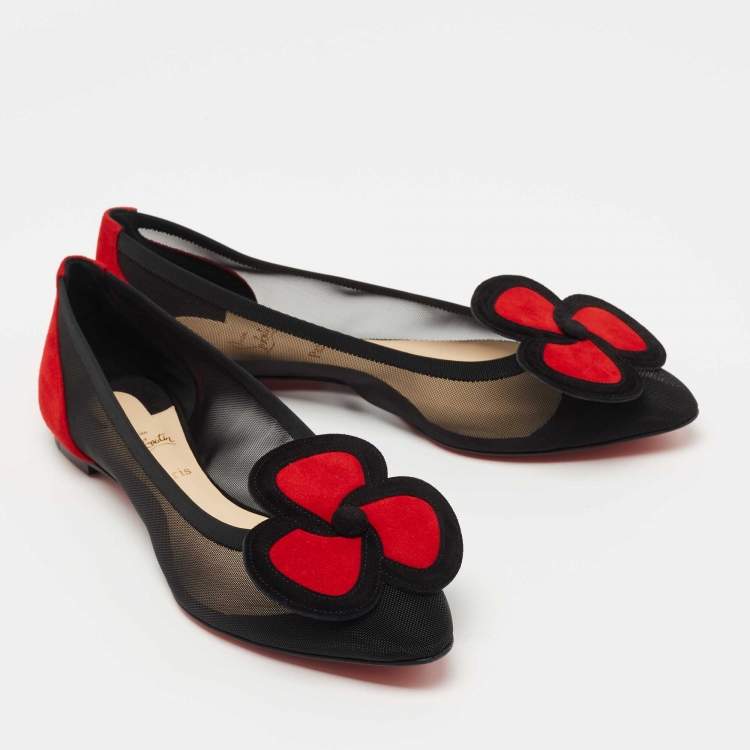 Pre Owned Christian Louboutin Black/Red Suede and Mesh Pansy Ballet Flats Size 38 