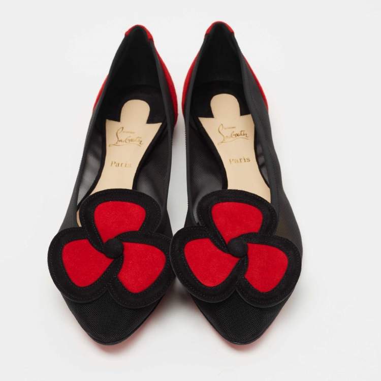 Pre Owned Christian Louboutin Black/Red Suede and Mesh Pansy Ballet Flats Size 38 