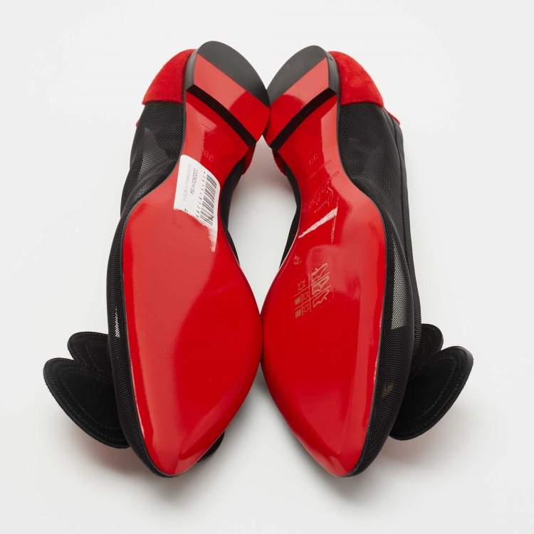 Pre Owned Christian Louboutin Black/Red Suede and Mesh Pansy Ballet Flats Size 38 