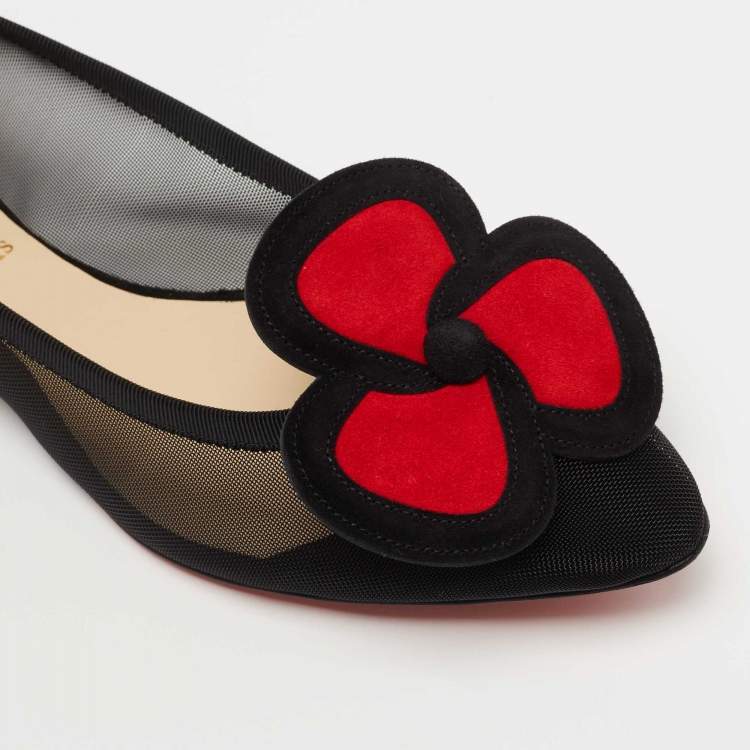 Pre Owned Christian Louboutin Black/Red Suede and Mesh Pansy Ballet Flats Size 38 