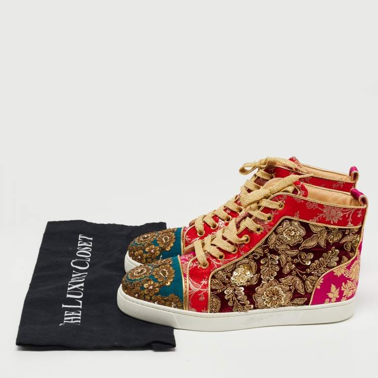 Pre Owned Christian Louboutin x Sabyasachi Mukherjee Multicolor Embroidered Velvet and Jacquard Fabric Hi Top Sneakers Size 38