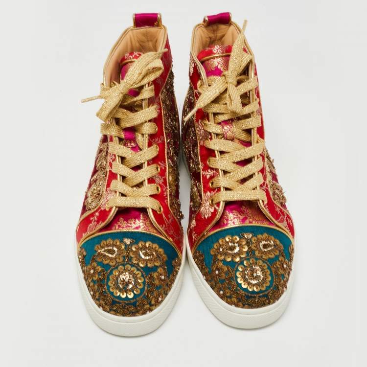 Pre Owned Christian Louboutin x Sabyasachi Mukherjee Multicolor Embroidered Velvet and Jacquard Fabric Hi Top Sneakers Size 38