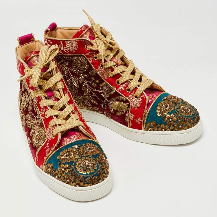 Pre Owned Christian Louboutin x Sabyasachi Mukherjee Multicolor Embroidered Velvet and Jacquard Fabric Hi Top Sneakers Size 38