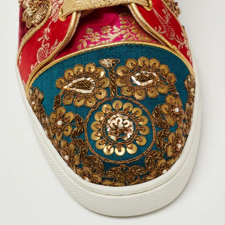 Pre Owned Christian Louboutin x Sabyasachi Mukherjee Multicolor Embroidered Velvet and Jacquard Fabric Hi Top Sneakers Size 38