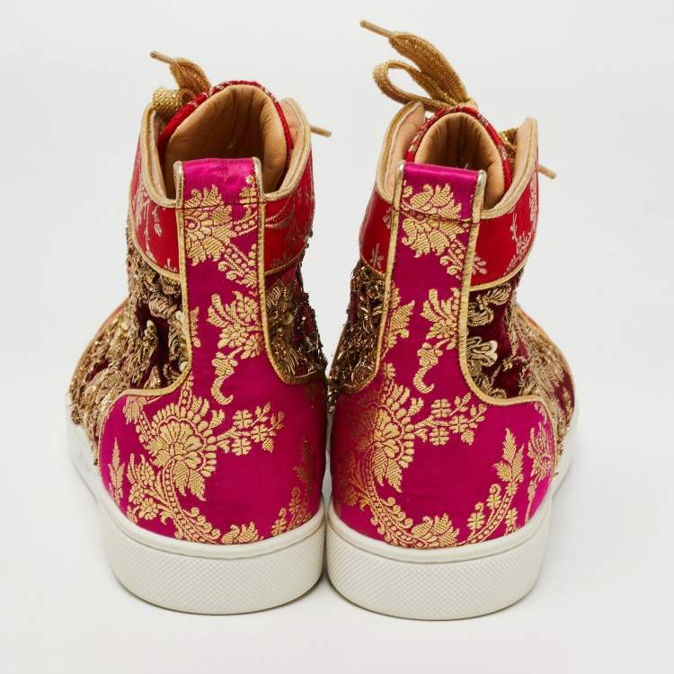 Pre Owned Christian Louboutin x Sabyasachi Mukherjee Multicolor Embroidered Velvet and Jacquard Fabric Hi Top Sneakers Size 38