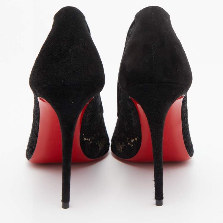 Pre Owned Christian Louboutin Black Suede and Lace Follies Pointed Toe Pumps Size 38.5