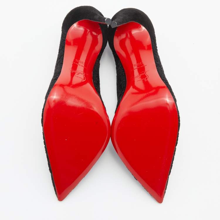 Pre Owned Christian Louboutin Black Suede and Lace Follies Pointed Toe Pumps Size 38.5
