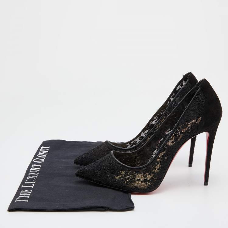 Pre Owned Christian Louboutin Black Suede and Lace Follies Pointed Toe Pumps Size 38.5
