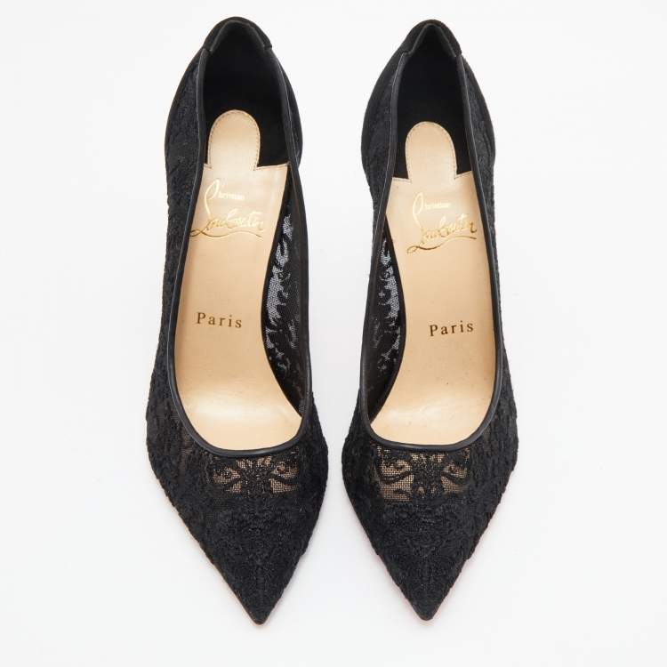 Pre Owned Christian Louboutin Black Suede and Lace Follies Pointed Toe Pumps Size 38.5