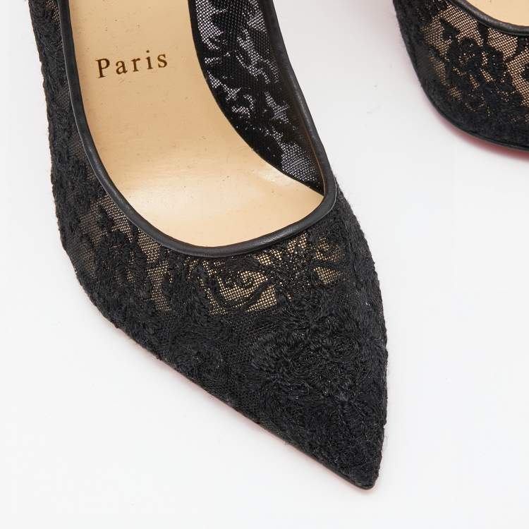 Pre Owned Christian Louboutin Black Suede and Lace Follies Pointed Toe Pumps Size 38.5