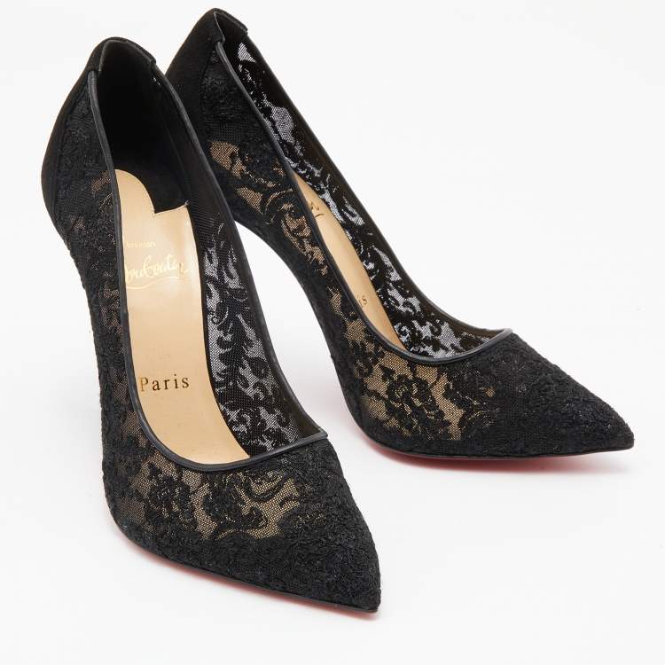 Pre Owned Christian Louboutin Black Suede and Lace Follies Pointed Toe Pumps Size 38.5
