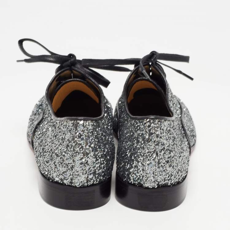 Pre Owned Christian Louboutin Metallic Grey Coarse Glitter Fred Oxfords Size 39.5 