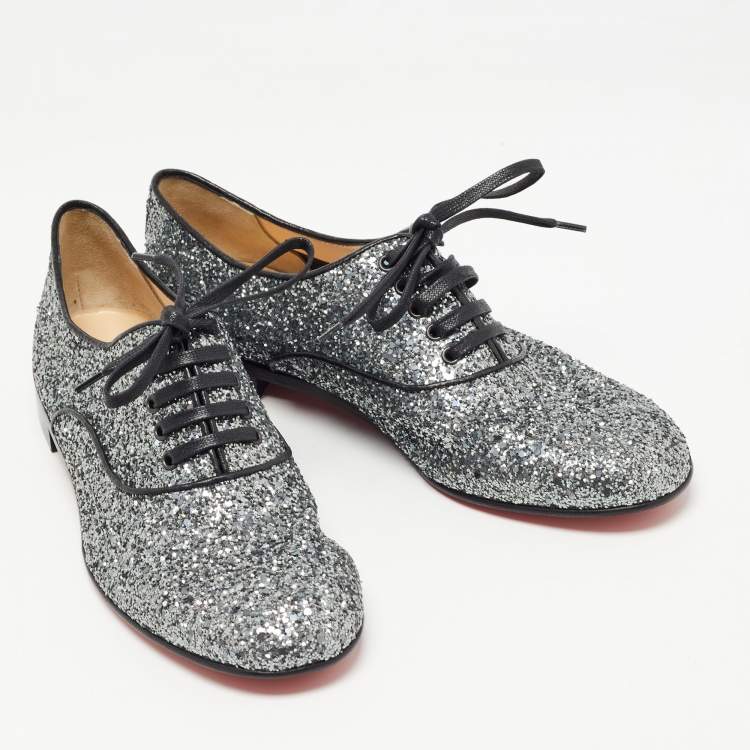 Pre Owned Christian Louboutin Metallic Grey Coarse Glitter Fred Oxfords Size 39.5 
