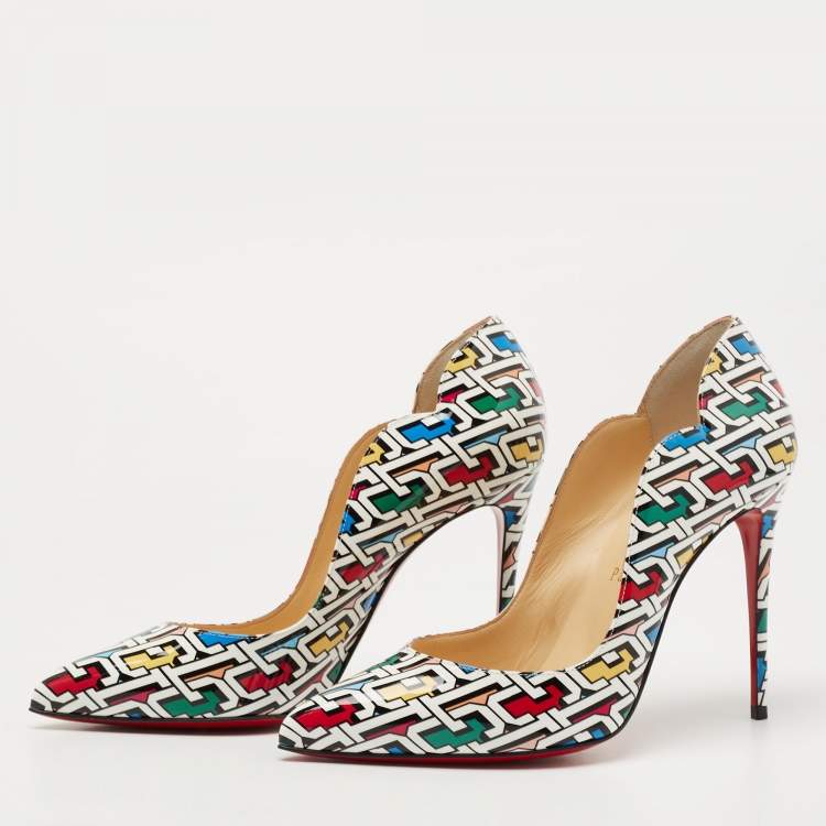 Pre Owned Christian Louboutin Multicolor Printed Patent Leather Hot Chick Pumps Size 37.5