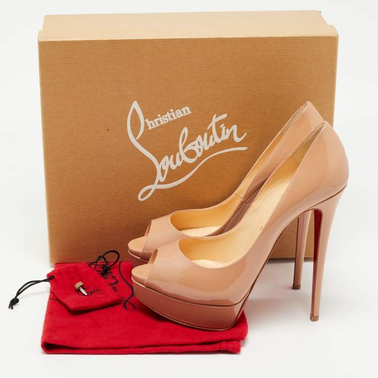 Pre Owned Christian Louboutin Beige Patent Leather Lady Peep Pumps Size 40.5