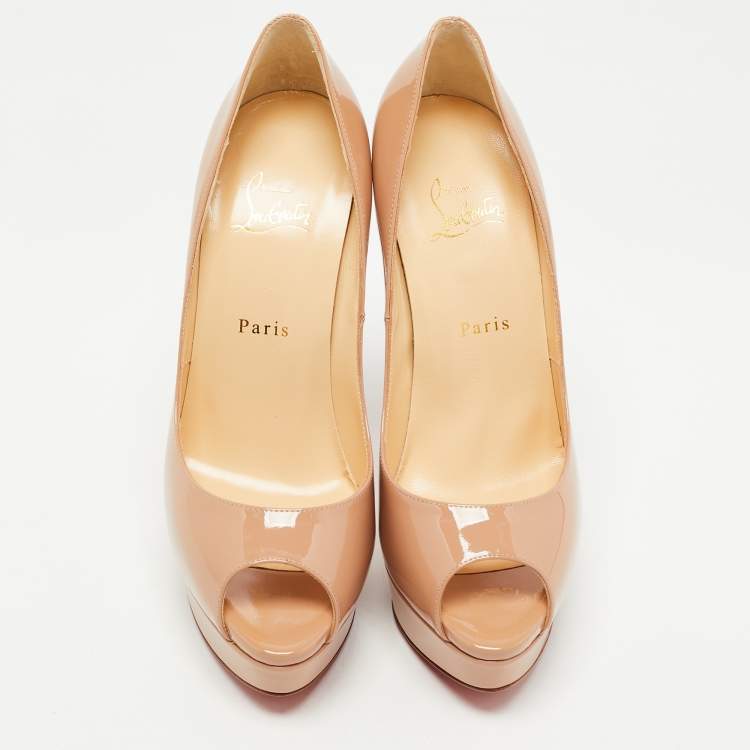 Pre Owned Christian Louboutin Beige Patent Leather Lady Peep Pumps Size 40.5