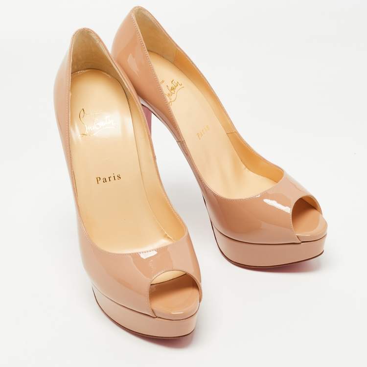 Pre Owned Christian Louboutin Beige Patent Leather Lady Peep Pumps Size 40.5
