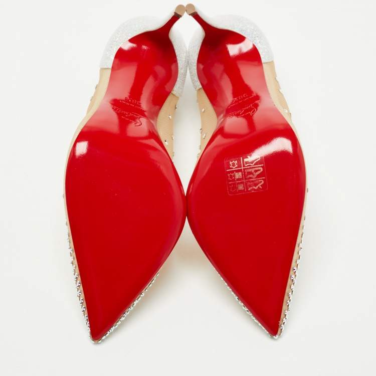Pre Owned Christian Louboutin Beige/Silver Mesh and Glitter Suede Follies Strass Pumps Size 38.5