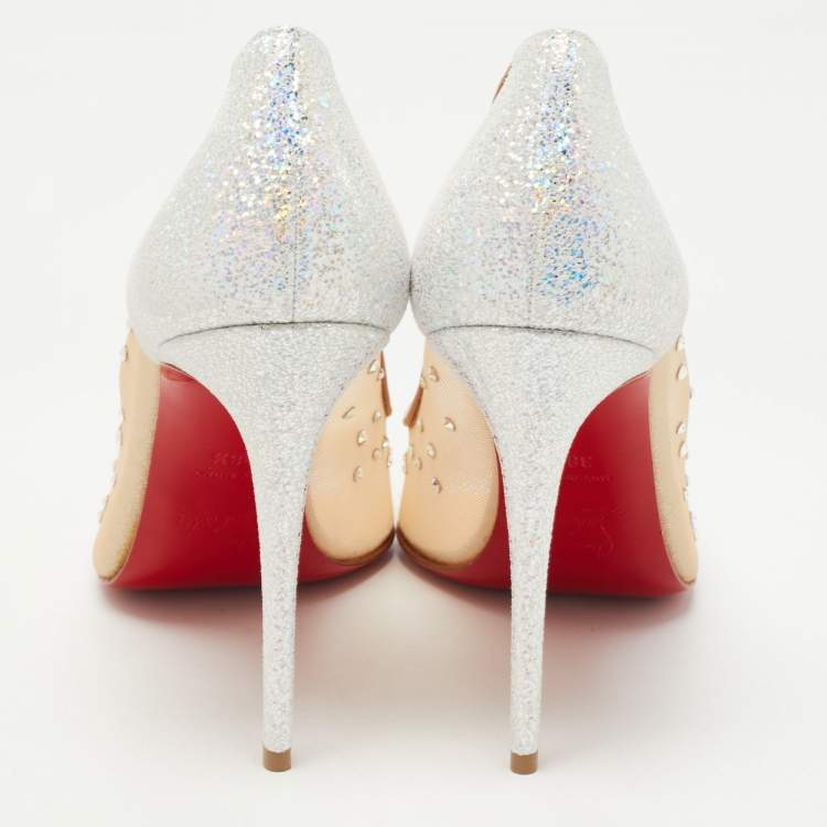 Pre Owned Christian Louboutin Beige/Silver Mesh and Glitter Suede Follies Strass Pumps Size 38.5