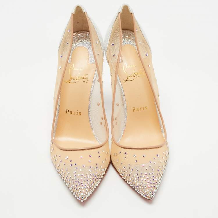 Pre Owned Christian Louboutin Beige/Silver Mesh and Glitter Suede Follies Strass Pumps Size 38.5