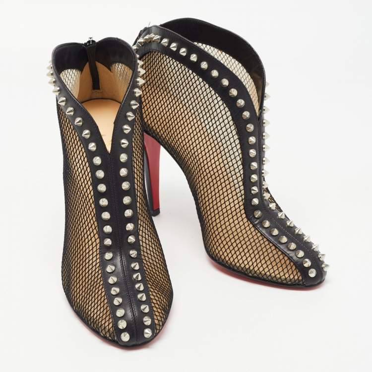 Pre Owned Christian Louboutin Black Mesh and Leather Bourriche Ankle Booties Size 38