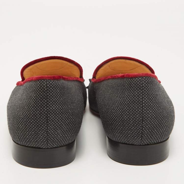 Pre Owned Christian Louboutin Grey/Black Spiked Patent Leather and Fabric Harvanana Smoking Slippers Size 41