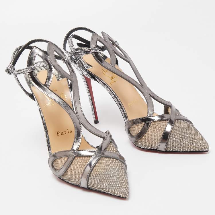 Pre Owned Christian Louboutin Metallic Grey Leather and Mesh Double L Ankle Strap Pumps Size 38