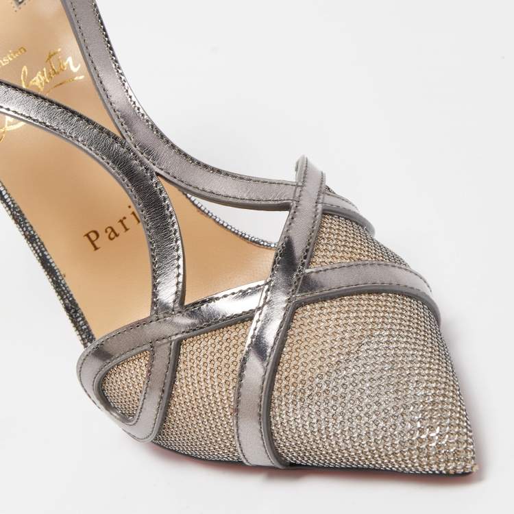 Pre Owned Christian Louboutin Metallic Grey Leather and Mesh Double L Ankle Strap Pumps Size 38