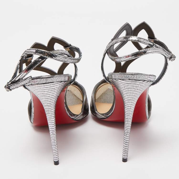 Pre Owned Christian Louboutin Metallic Grey Leather and Mesh Double L Ankle Strap Pumps Size 38
